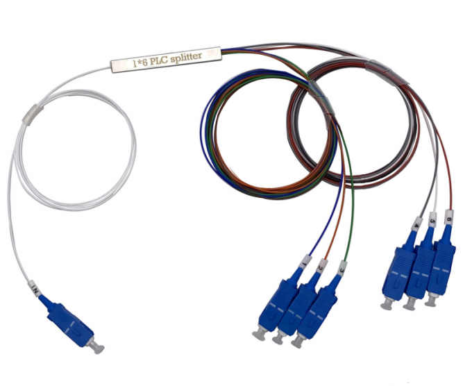 1x6 PLC Fiber Optic Splitter Mini Blockless Tube Type with SC UPC Connector — front view showing compact steel tube housing and fiber pigtails
