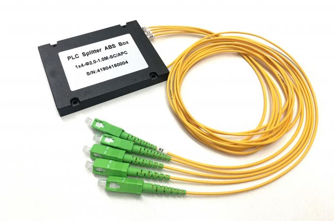 SMF G657A1 PLC fiber optic splitter 1x8 SC/APC with ABS box and yellow pigtails – front view