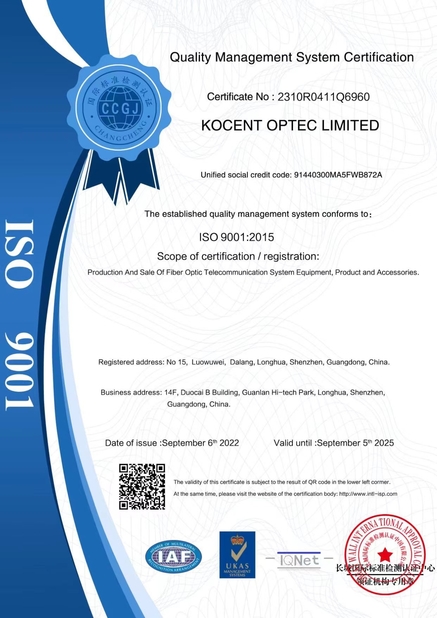 Chiny KOCENT OPTEC LIMITED Certyfikaty