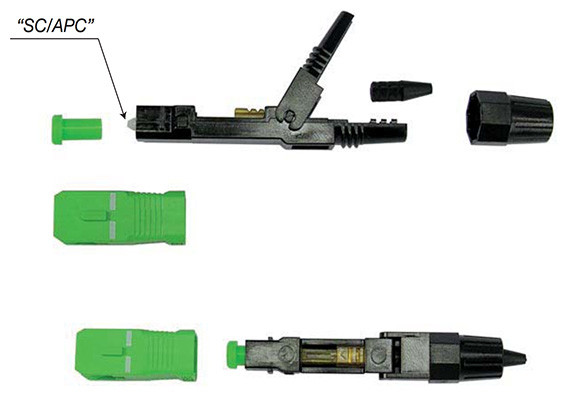 FTTH SC/APC fiber optic fast connector for 0.9mm indoor cable — product photo showing connector body and ferrule end-face